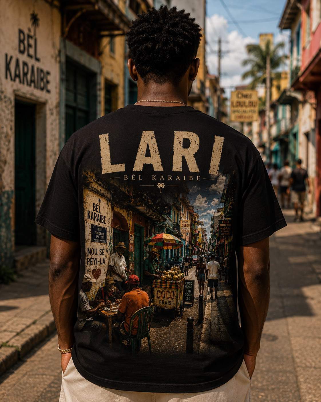 Campagne streetwear BÈL KARAIBE dans une rue créole