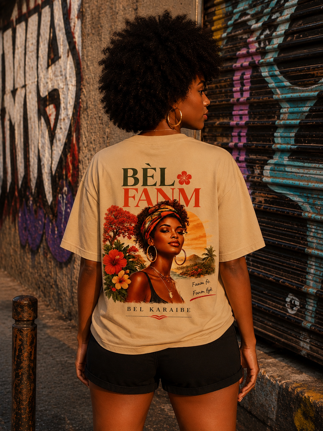 Mannequin en t-shirt BÈL KARAIBE crème dans un marché caribéen