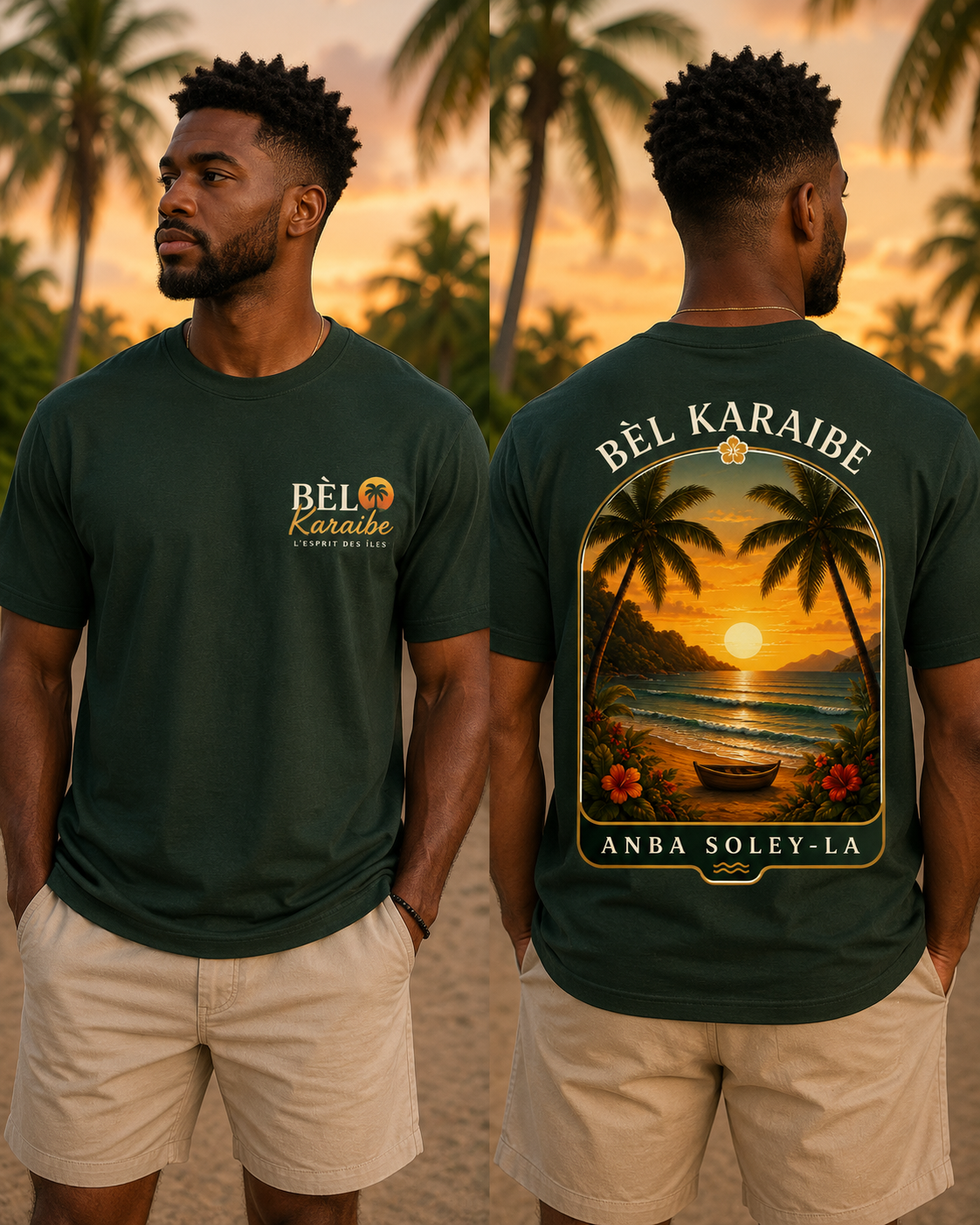 Trois amis en tenues streetwear sur les escaliers d'un quartier caribéen à l'heure bleue